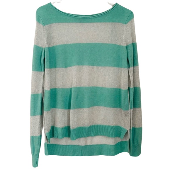 VINCE CAMUTO Mint Green Sparkly Silver Striped Sweater - Size Small - Picture 1 of 16